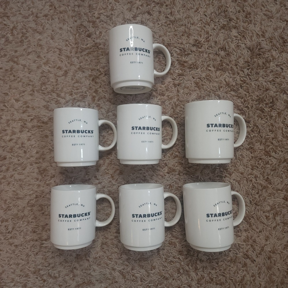 Starbucks Mug Set Unisex 14oz White Seattle WA Est 1971 Stackable Ceramic 7pc